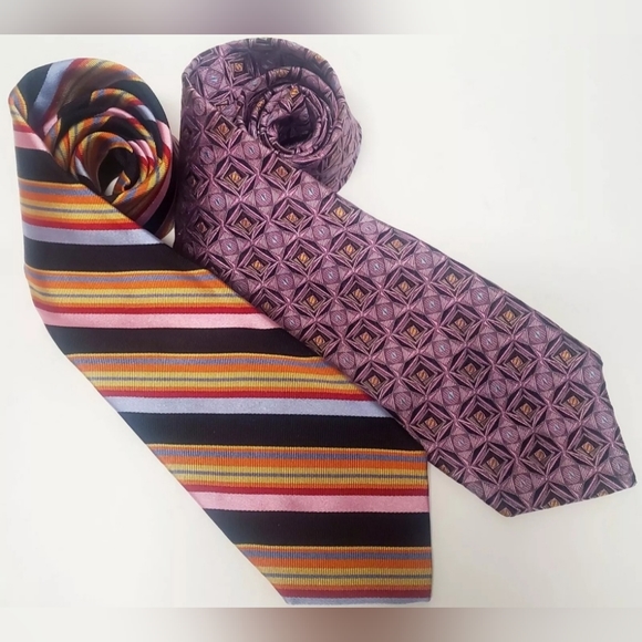 Robert Talbott Tie Duo of Luxe Vibrant Neckties 1 Stripe 1 Geometric Black/Pink - Picture 3 of 10